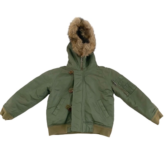 JUICY JACKET WITH FAUX FUR LINED HOOD SIZE:6 ARMY GREEN LARGE BUTTON AND ZIP - Picture 1 of 5
